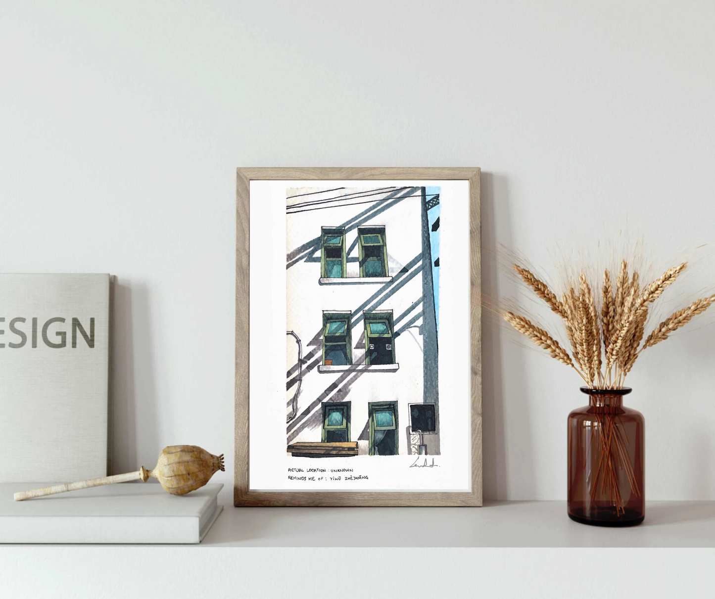 Watercolor painting of a building facade with green windows at Yiwu City, China